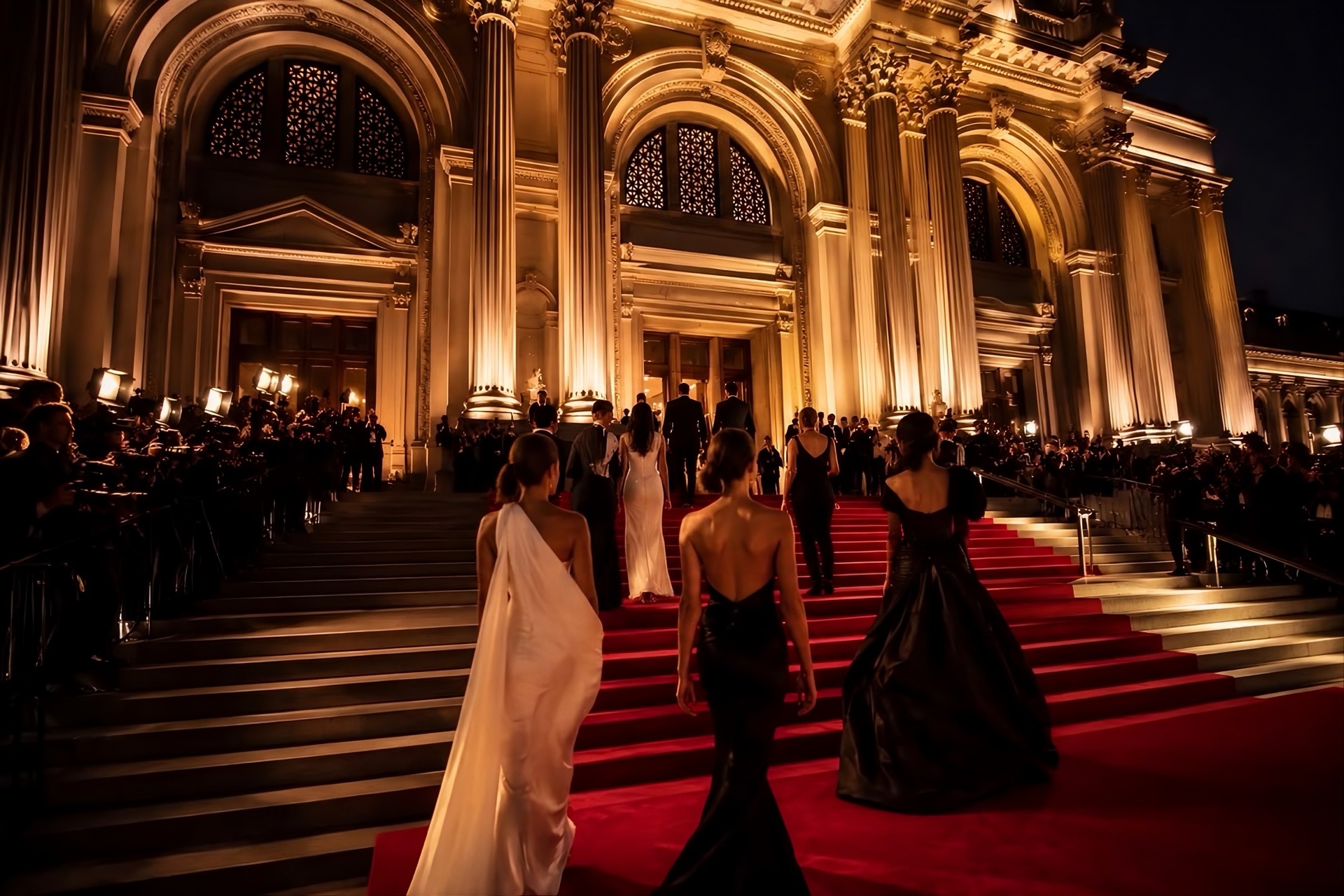 Guests arriving on a red carpet at a gala