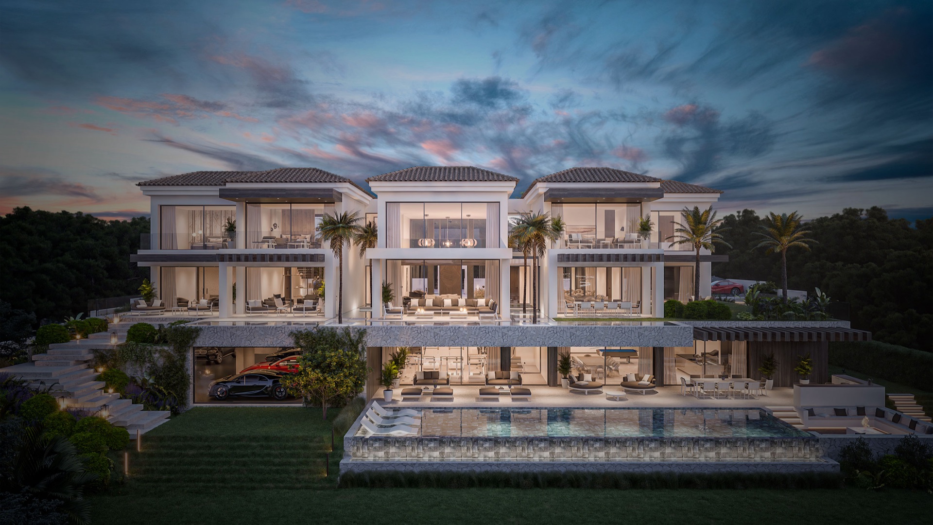 An illuminated contemporary villa at dusk
